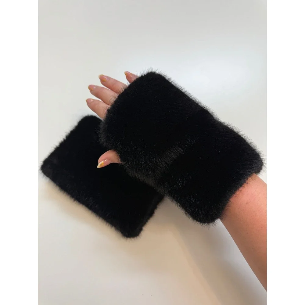 Black Faux Fur Fingerless Gloves Plush Winter Hand Warmers Wrist Cuffs